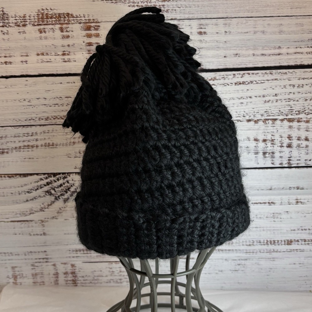Handmade Oversize Black Beanie Big Pompom Chunky Crochet Kitsch Whimigoth OOAK